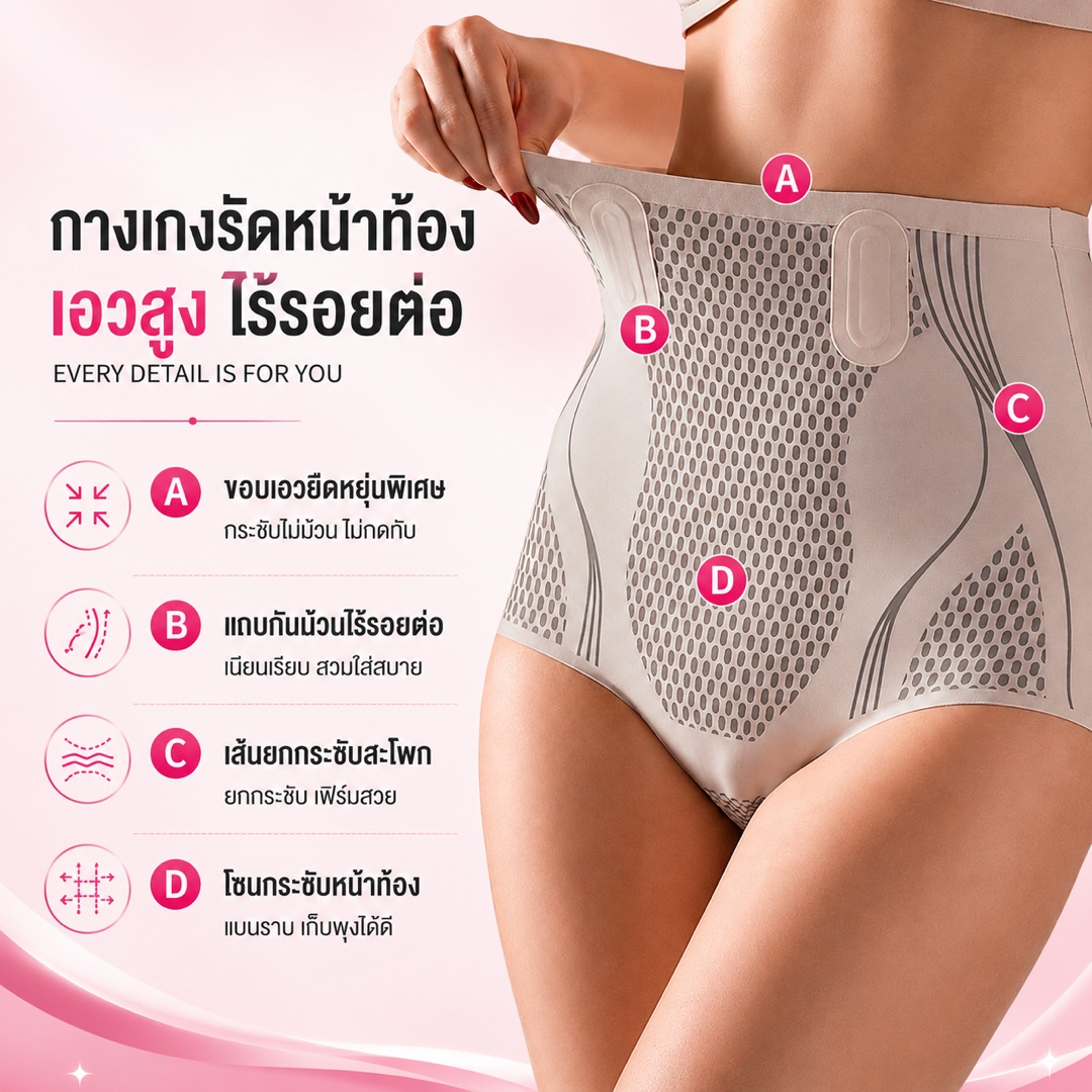 Cấu trúc 4 điểm — cạp eo, chống cuộn, định hình hông, ép bụng